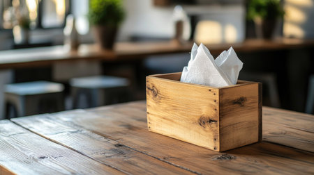Rustic wooden tissue box with napkins protruding slightly, set on a textured wooden dining table.の素材