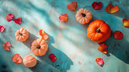 Small pumpkins surrounded by scattered flower petals on a textured surface, with soft blue shadows in the backdrop.の素材