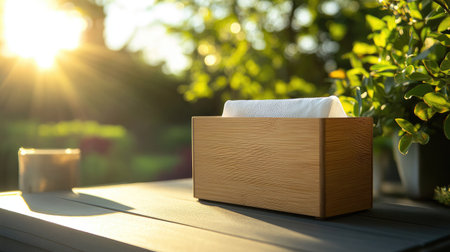 Natural wood tissue box placed on an outdoor patio table, with greenery and sunlight in the background.の素材