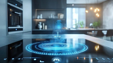 Smart electric hood exhaust with a Wi-Fi-enabled control panel above a black ceramic cooktop in a futuristic home.の素材