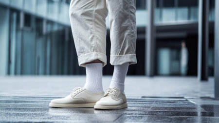 Side view of a man wearing crisp white socks and loafers, standing on a modern concrete surface.の素材