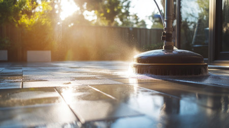 Polishing machine in use on a sunny outdoor terrace, water and soap visibly working to remove stains.の素材