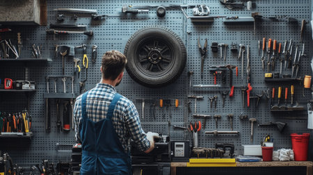 Professional mechanic showcasing a new tire, standing near an organized wall of wrenches, screwdrivers, and pliers.の素材