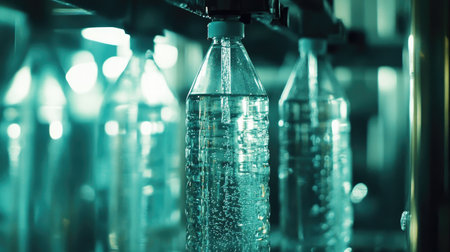 Purified water being dispensed into transparent bottles, captured mid-process in a clean bottling facility.の素材