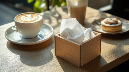 Simple and clean wooden napkin box with crisp tissues, placed on a caf table next to a latte and a dessert plate.の素材