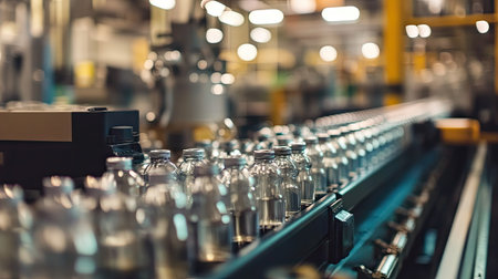 Rows of perfectly labeled water bottles being prepared for shipment, exiting the final stage of the bottling line.の素材