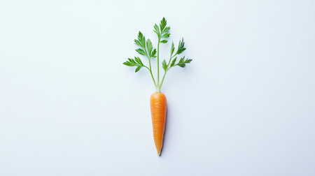 Single baby carrot with delicate green leaves, isolated in the center of a pure white background.の素材