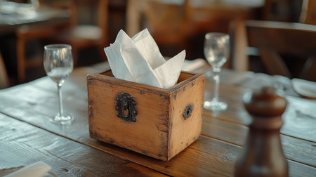 Rustic wooden tissue box with napkins protruding slightly, set on a textured wooden dining table.の素材