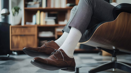 Stylish white socks paired with tailored trousers, worn by a man sitting on a sleek office chair.の素材