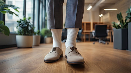 Stylish white socks paired with a formal suit, worn by a man standing confidently in a corporate office.の素材