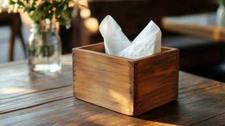Rustic wooden tissue box with napkins protruding slightly, set on a textured wooden dining table.の素材