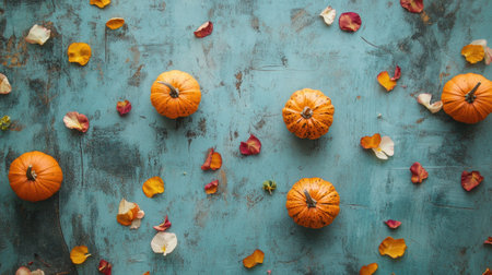 Small pumpkins surrounded by scattered flower petals on a textured surface, with soft blue shadows in the backdrop.の素材