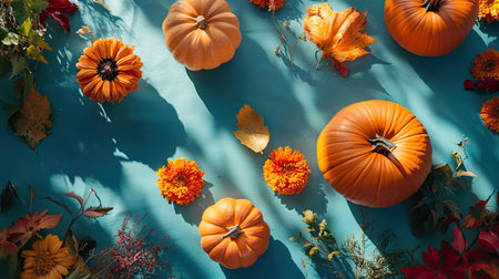 Flat-lay of pumpkins and fresh flowers scattered on a table, casting dramatic blue shadows across the background.の素材
