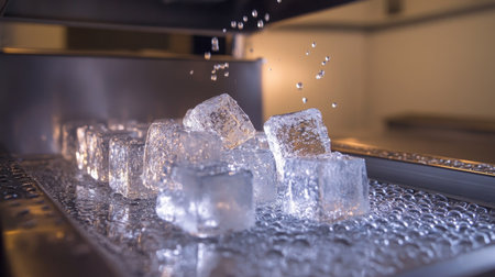 Macro image of water droplets forming on freshly made ice cubes inside a commercial-grade ice machine.の素材
