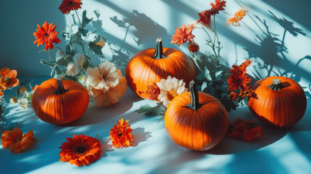 Flat-lay of pumpkins and fresh flowers scattered on a table, casting dramatic blue shadows across the background.の素材