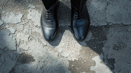 Man wearing black leather formal shoes, stepping on a textured concrete pavement in an urban setting.の素材
