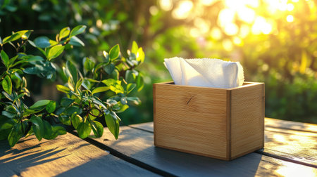 Natural wood tissue box placed on an outdoor patio table, with greenery and sunlight in the background.の素材