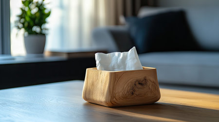 Side view of a wooden napkin holder on a coffee table, with tissues peeking out against a clean background.の素材