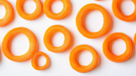 Thinly sliced carrot rings arranged in concentric circles on a clean white background.の素材