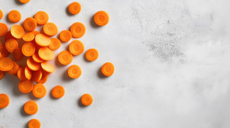 Top-down view of sliced carrot rounds scattered across a smooth white surface, showcasing their bright orange hue.の素材