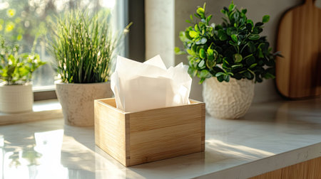 Tissue paper in a small wooden box on a kitchen countertop, with soft lighting and decorative plants nearby.の素材