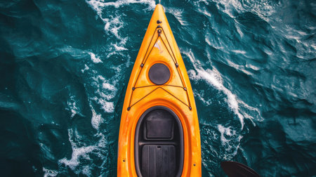 Top view of a sleek kayak floating through gentle waves in a serene open sea with no land in sight.の素材