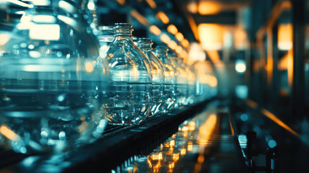 Transparent water bottles reflecting light as they move along the assembly line inside a state-of-the-art bottling factory.の素材