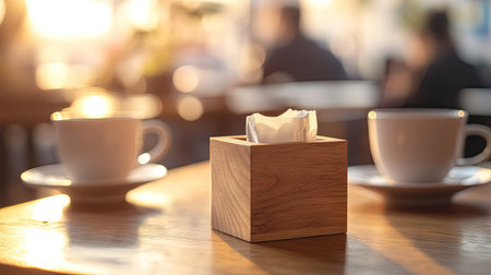 Tissue box made of polished wood on a caf table, surrounded by coffee cups and a soft, warm ambiance.の素材