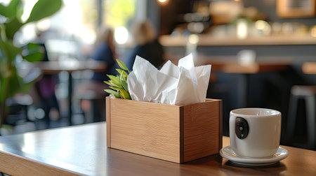 Tissue paper elegantly arranged in a wooden napkin box on a coffee shop table with a busy yet warm atmosphere.の素材