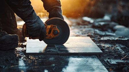 Worker cutting a rectangular tile with a wet saw, preparing pieces for installation around obstacles.の素材