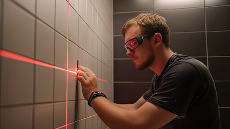 Tiler using a laser level to ensure straight lines while installing rectangular wall tiles in a bathroom.の素材