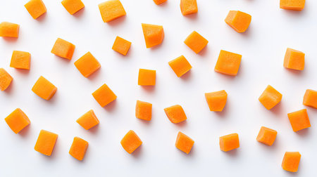 Top-down view of chopped carrot cubes scattered randomly across a pure white background.の素材
