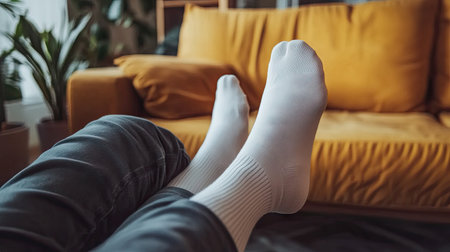 Stylish white socks worn by a man stretching out his legs on a minimalist couch, creating a relaxed atmosphere.の素材