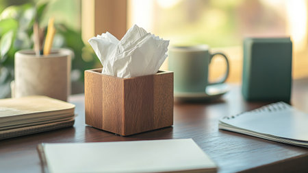 Compact wooden tissue holder on a desk, with white tissues slightly protruding, surrounded by notebooks and a coffee mug.の素材