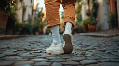 White socks peeking out from under rolled-up chinos, as a man walks on a cobblestone street.の素材