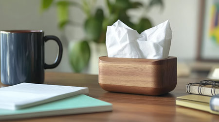 Compact wooden tissue holder on a desk, with white tissues slightly protruding, surrounded by notebooks and a coffee mug.の素材
