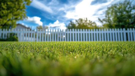 Wide-angle view of a manicured lawn with green artificial grass and a white picket fence in the background.の素材