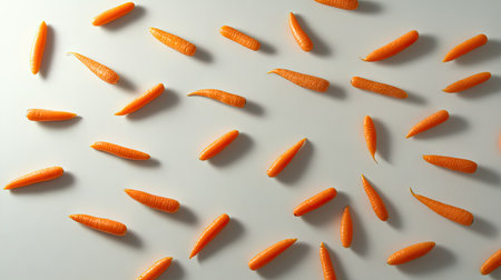 Whole carrots scattered randomly on a white surface, creating a casual yet vibrant arrangement.の素材
