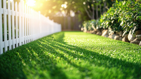 White wooden picket fence lining a yard covered in bright green synthetic grass, with soft sunlight.の素材