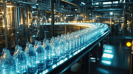 Conveyor belt system in a water bottling factory with sparkling clean bottles moving rapidly through stages.の素材
