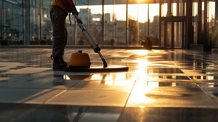 Worker cleaning a large, tiled exterior area with a powerful polishing machine under warm sunlight.の素材