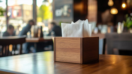 Tissue paper elegantly arranged in a wooden napkin box on a coffee shop table with a busy yet warm atmosphere.の素材