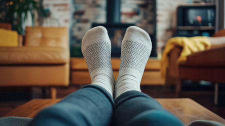 White socks with subtle patterns on a man's feet, casually resting on a coffee table in a modern living room.の素材