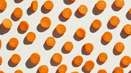 Top-down view of sliced carrot rounds scattered across a smooth white surface, showcasing their bright orange hue.の素材