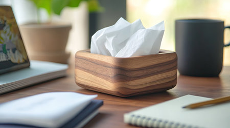 Compact wooden tissue holder on a desk, with white tissues slightly protruding, surrounded by notebooks and a coffee mug.の素材