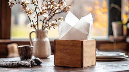Wooden napkin box with white tissue paper protruding, placed on a dining table in a cozy, rustic setting.の素材