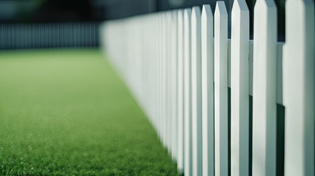 White wooden picket fence in sharp focus, with green artificial turf stretching into the background.の素材