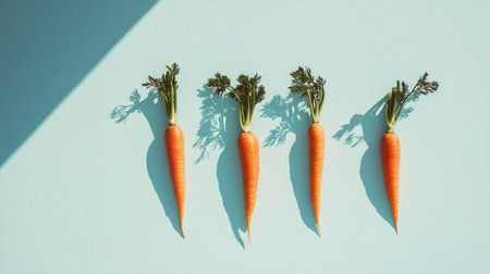 Three carrots aligned diagonally on a white background, their vibrant orange color creating a striking contrast.の素材