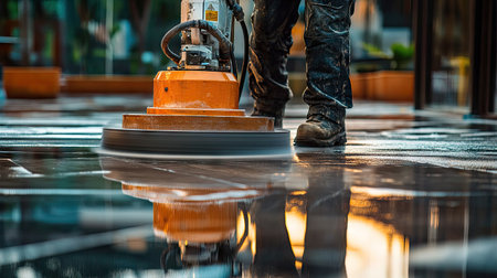 Worker handling a large polishing machine on a wet outdoor floor, creating a sparkling, clean look.の素材