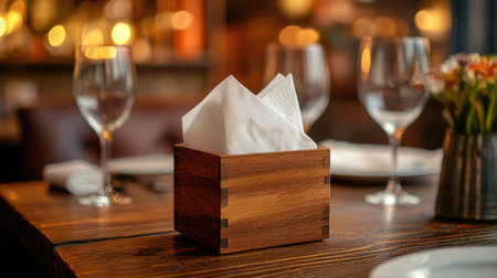 Wooden napkin box with white tissue paper protruding, placed on a dining table in a cozy, rustic setting.の素材